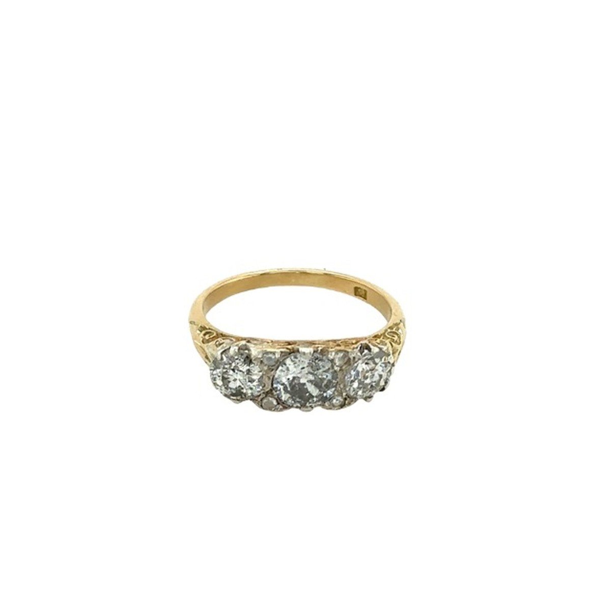 Vintage 18k Yellow Gold Ring With 3 Stones And 1.50 Ct Victorian Cut Diamonds-photo-6