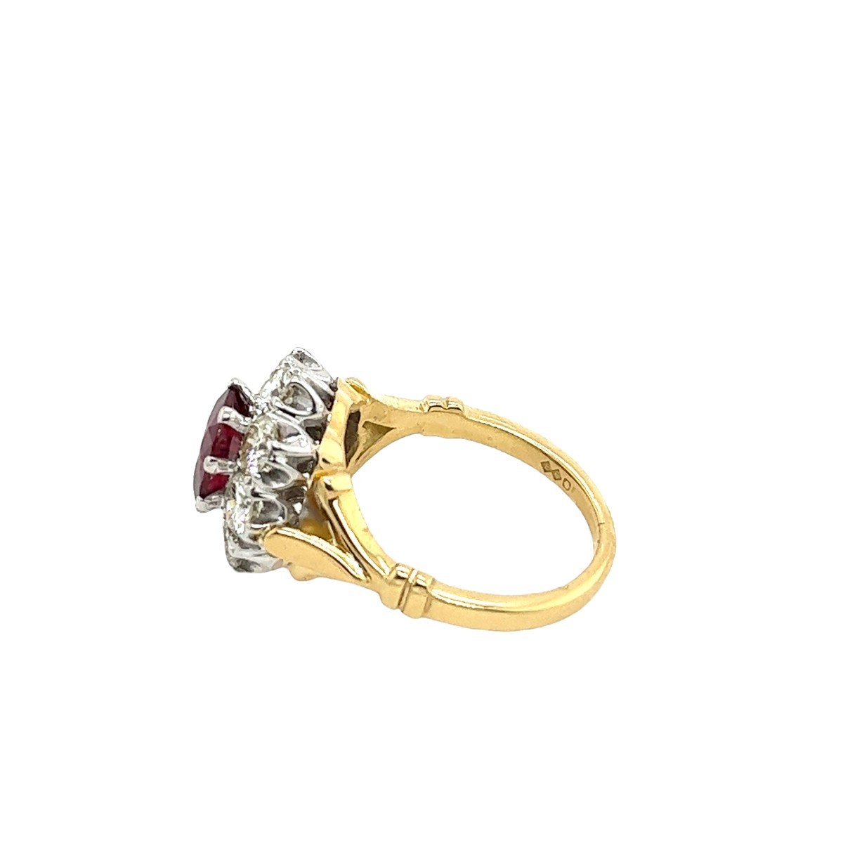 Q Cushion Shaped Ruby And Diamond Cluster Ring In 18k Yellow And White Gold-photo-2