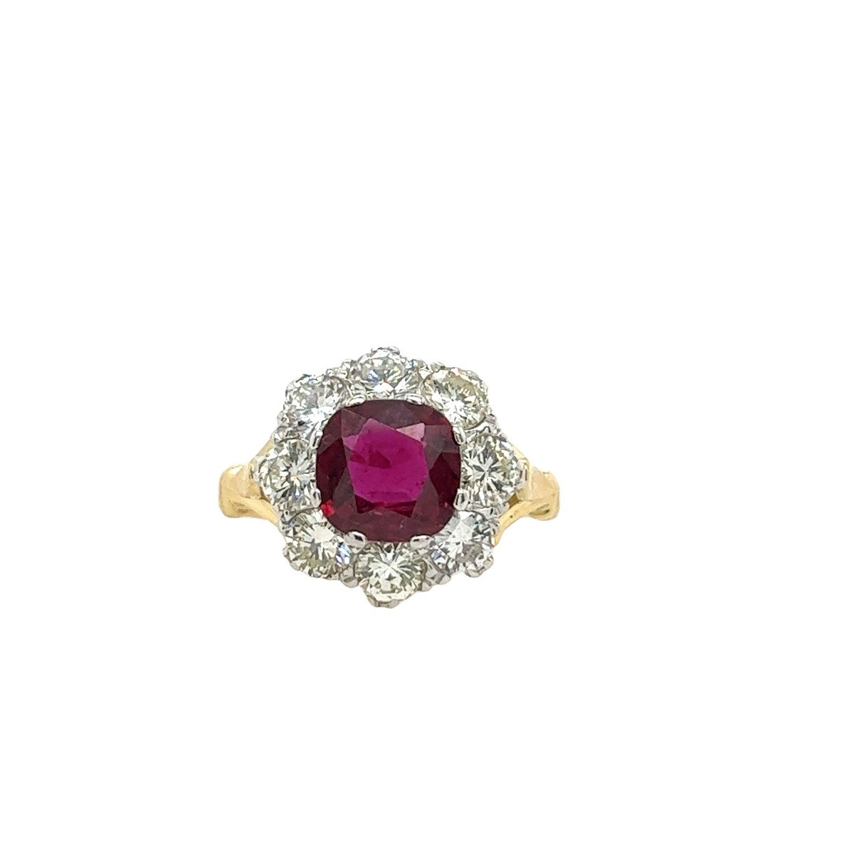 Q Cushion Shaped Ruby And Diamond Cluster Ring In 18k Yellow And White Gold-photo-5