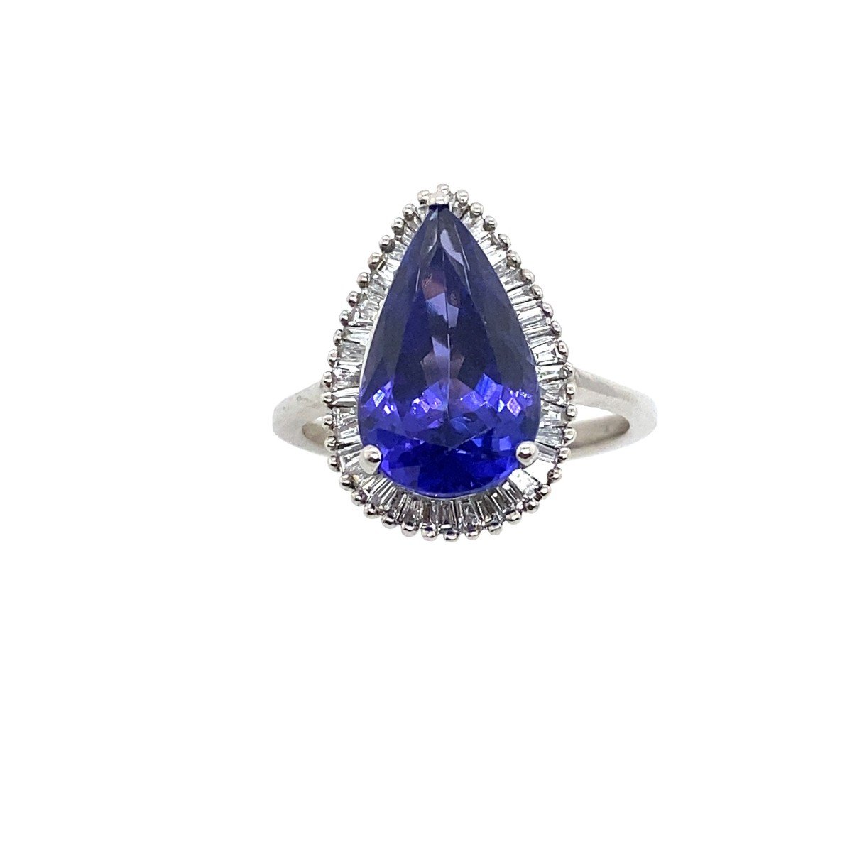 4.85ct Natural Pear Shaped Tanzanite Surrounded By 0.42ct Diamonds