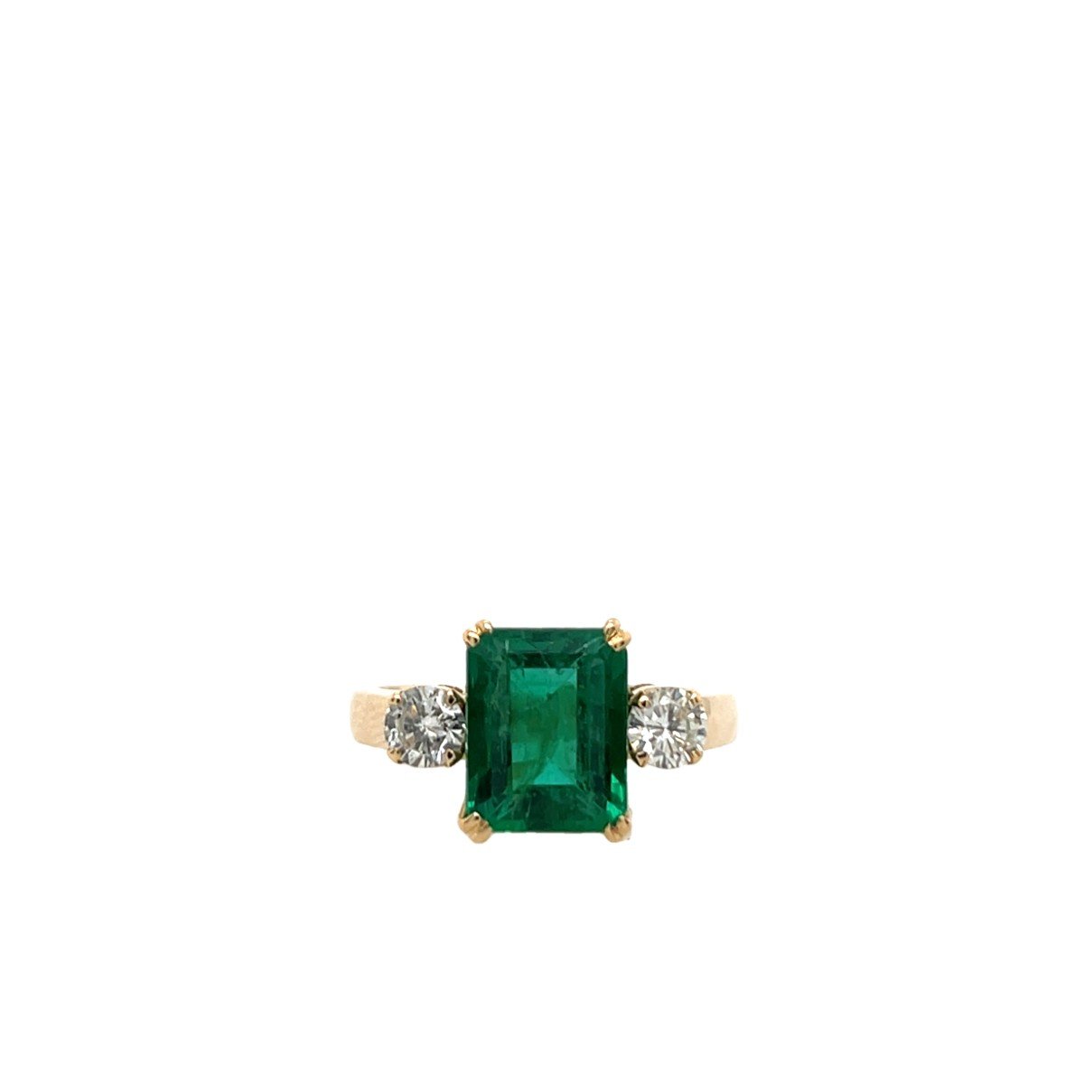 3 Stone Emerald And Diamond Ring, Set In 18k Yellow Gold