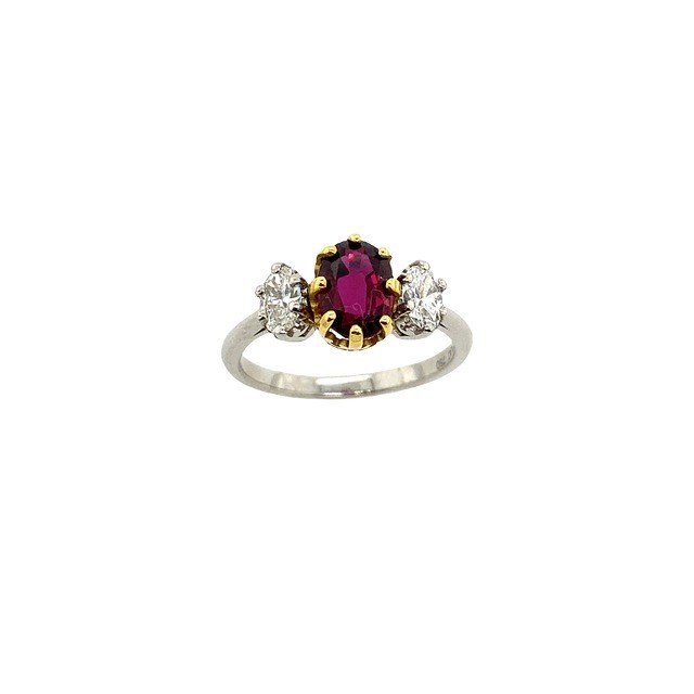  Vintage Platinum And 18k Yellow Gold Oval 3 Stone Diamond And Ruby Ring