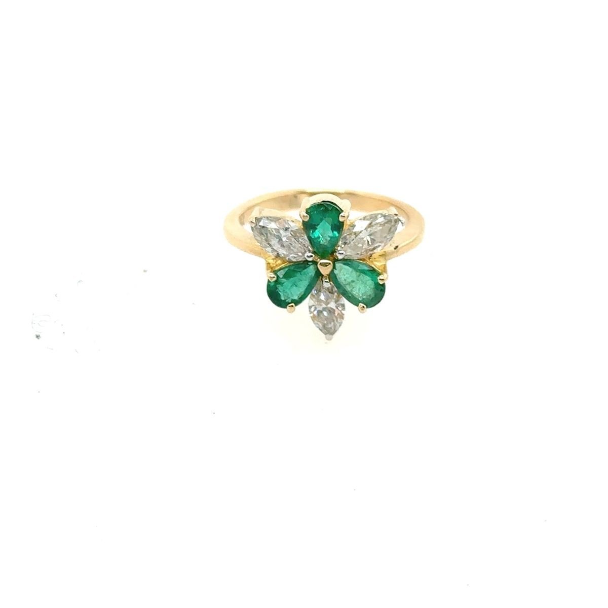 6 Stone Ring In 18k Yellow Gold With 3 Marquise Diamonds And 3 Pear Shaped Emeralds