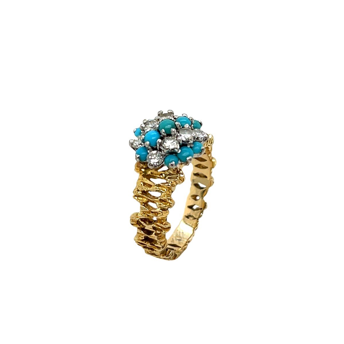 Bague Vintage En Turquoise Et Diamants, Sertie D’or Jaune Et Blanc 18 Carats-photo-2