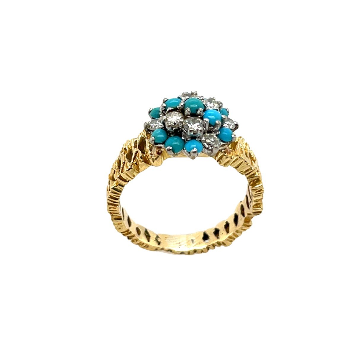 Bague Vintage En Turquoise Et Diamants, Sertie D’or Jaune Et Blanc 18 Carats-photo-1