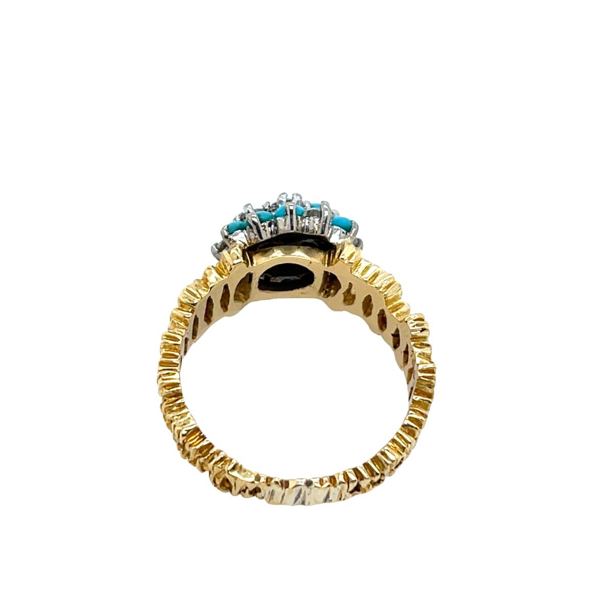 Bague Vintage En Turquoise Et Diamants, Sertie D’or Jaune Et Blanc 18 Carats-photo-2