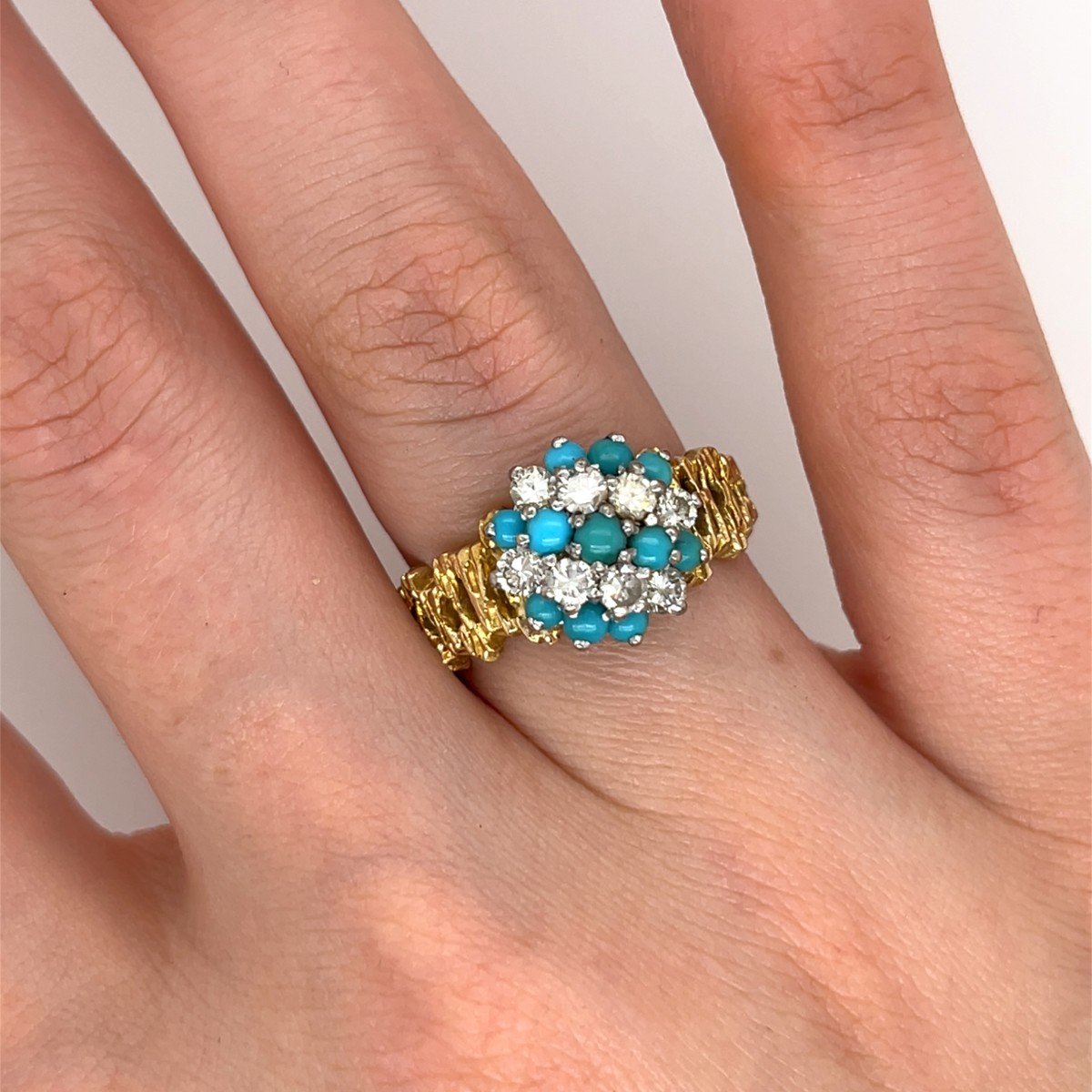 Bague Vintage En Turquoise Et Diamants, Sertie D’or Jaune Et Blanc 18 Carats-photo-4