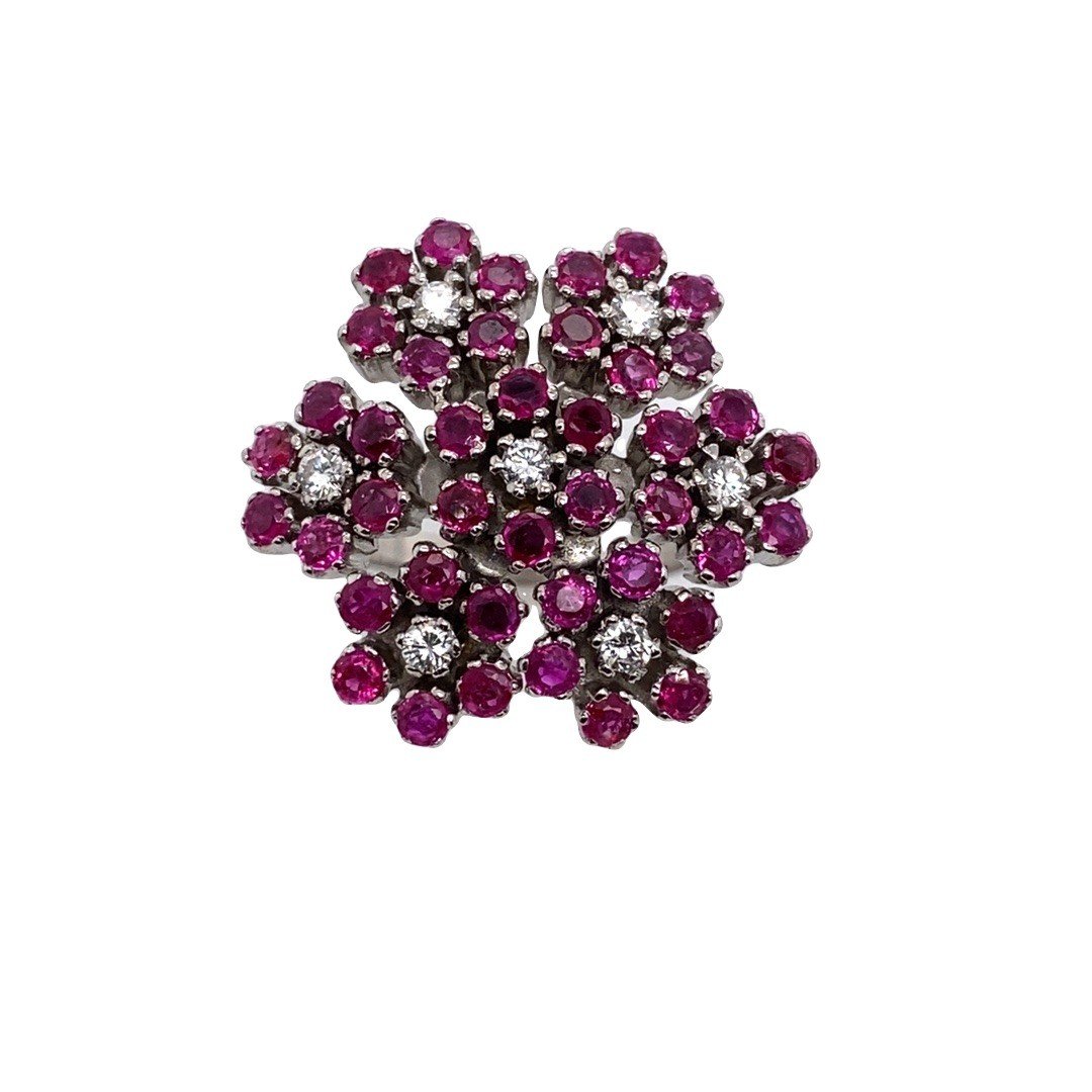 Ruby And Diamond Snowflake Motif Ring, Set With 7 Round Diamonds And 42 Rubies