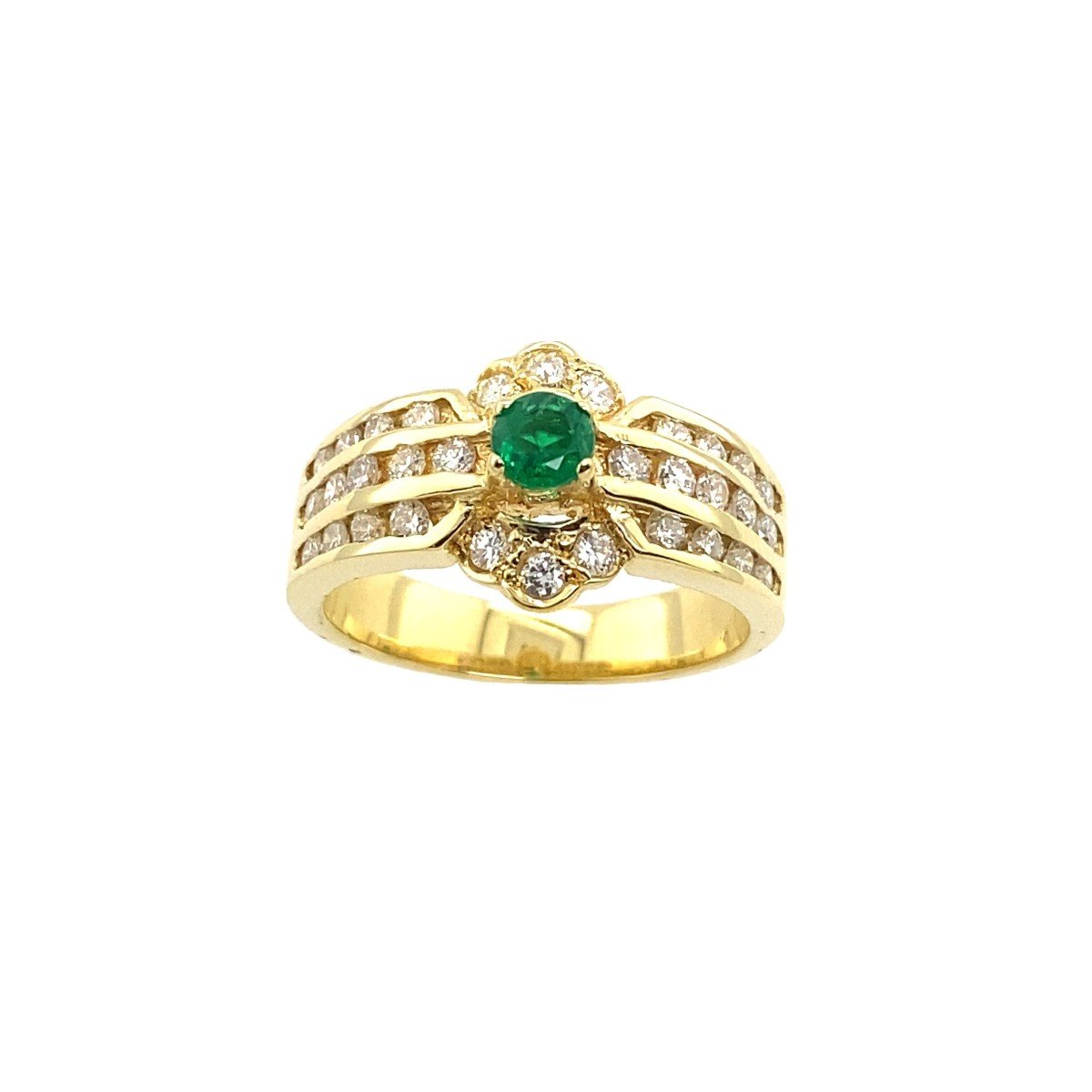  18k Yellow Gold Emerald Ring Set With 0.40 Ct Natural Round Diamonds