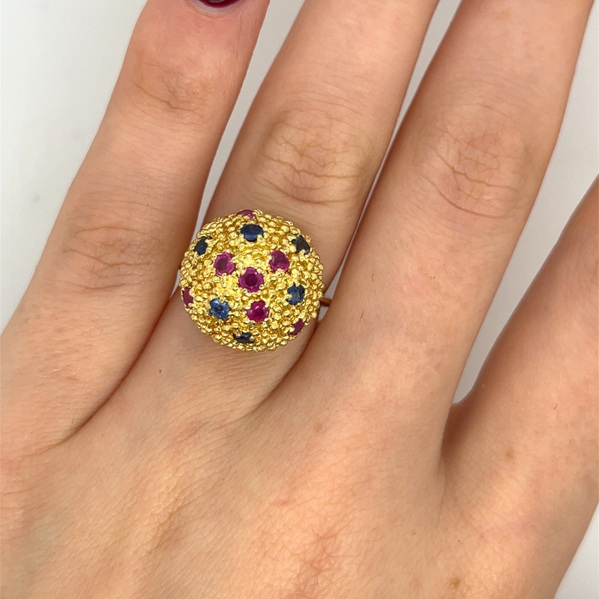 Vintage Ball Ring In 18k Yellow Gold, Set With Natural Rubies And Sapphires-photo-2