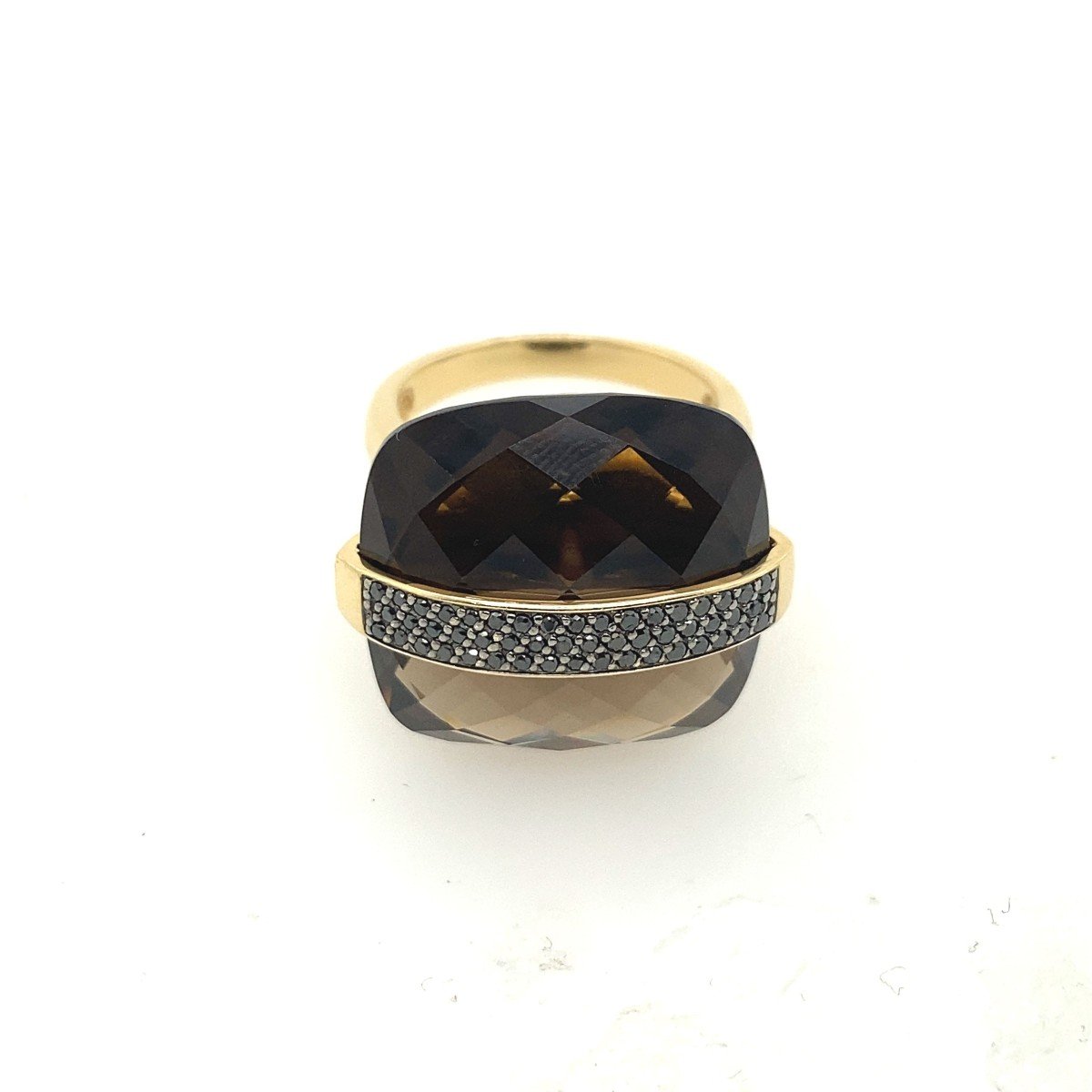 Cushion Shaped Faceted Smoky Quartz Ring Set In 14k Yellow Gold And Black Diamonds-photo-2