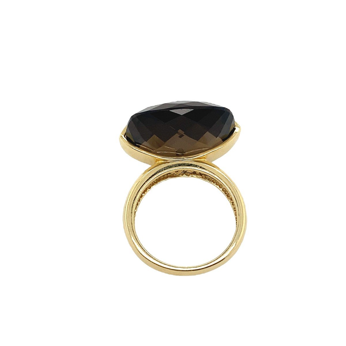 Cushion Shaped Faceted Smoky Quartz Ring Set In 14k Yellow Gold And Black Diamonds-photo-3