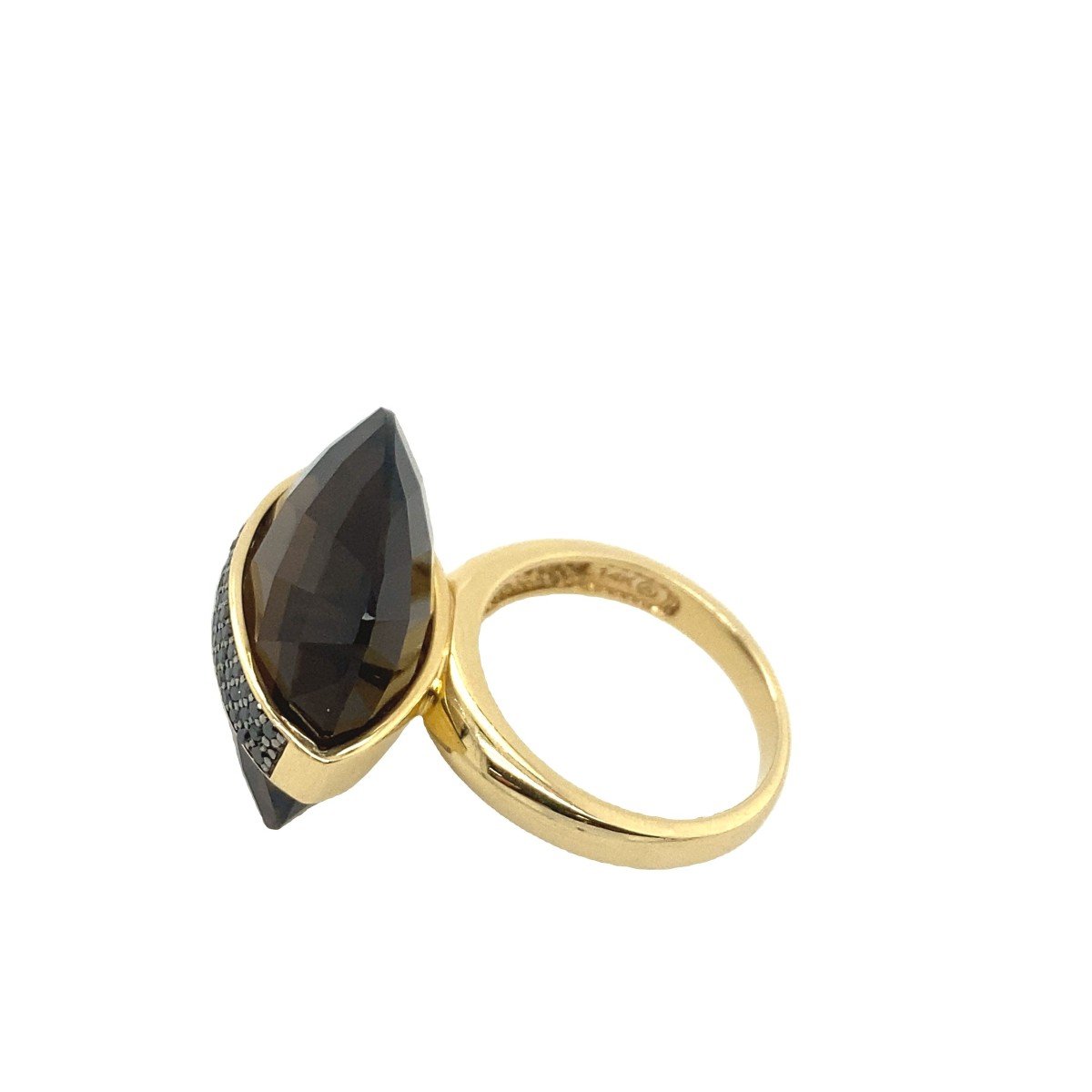 Cushion Shaped Faceted Smoky Quartz Ring Set In 14k Yellow Gold And Black Diamonds-photo-1