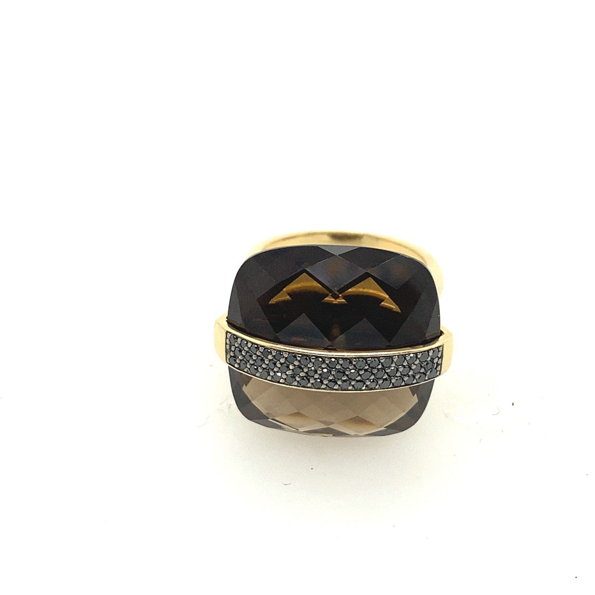 Cushion Shaped Faceted Smoky Quartz Ring Set In 14k Yellow Gold And Black Diamonds-photo-2