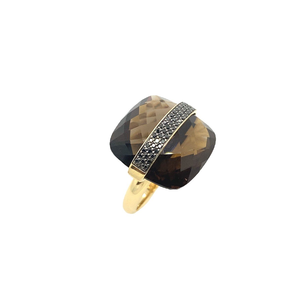 Cushion Shaped Faceted Smoky Quartz Ring Set In 14k Yellow Gold And Black Diamonds