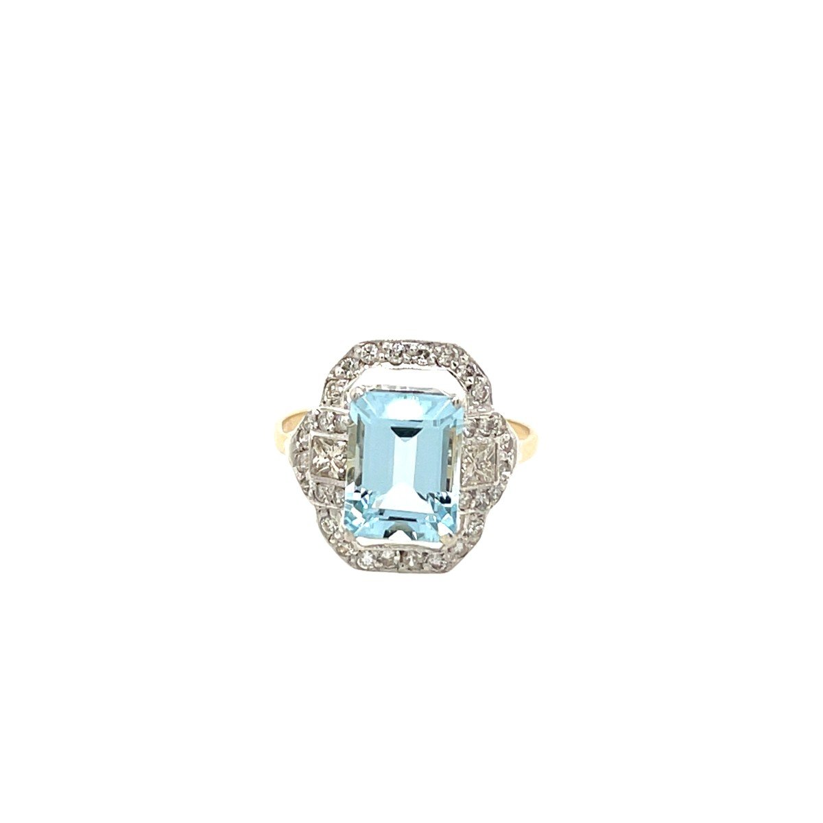 Aquamarine & Diamond Ring Set In 14k Yellow Gold And Silver