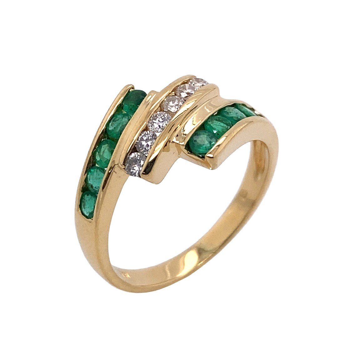 3 Row Ring Set With Emerald And Diamonds, In 18k Yellow Gold-photo-2