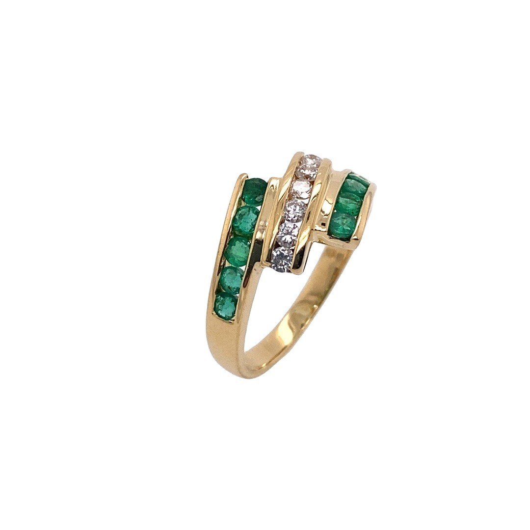 3 Row Ring Set With Emerald And Diamonds, In 18k Yellow Gold-photo-3