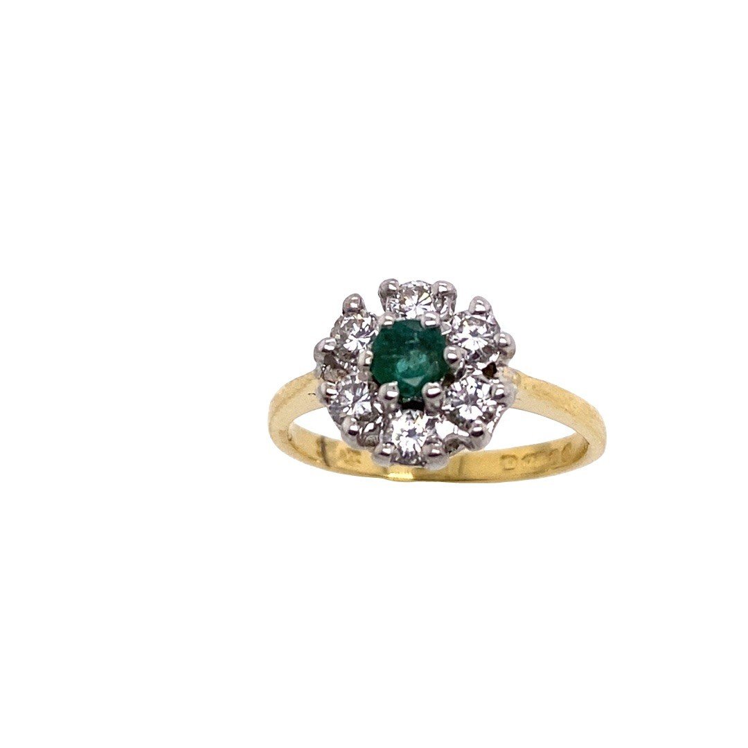 18k Yellow And White Gold Emerald + Diamond Ring, Set With 0.30 Ct Diamonds-photo-2