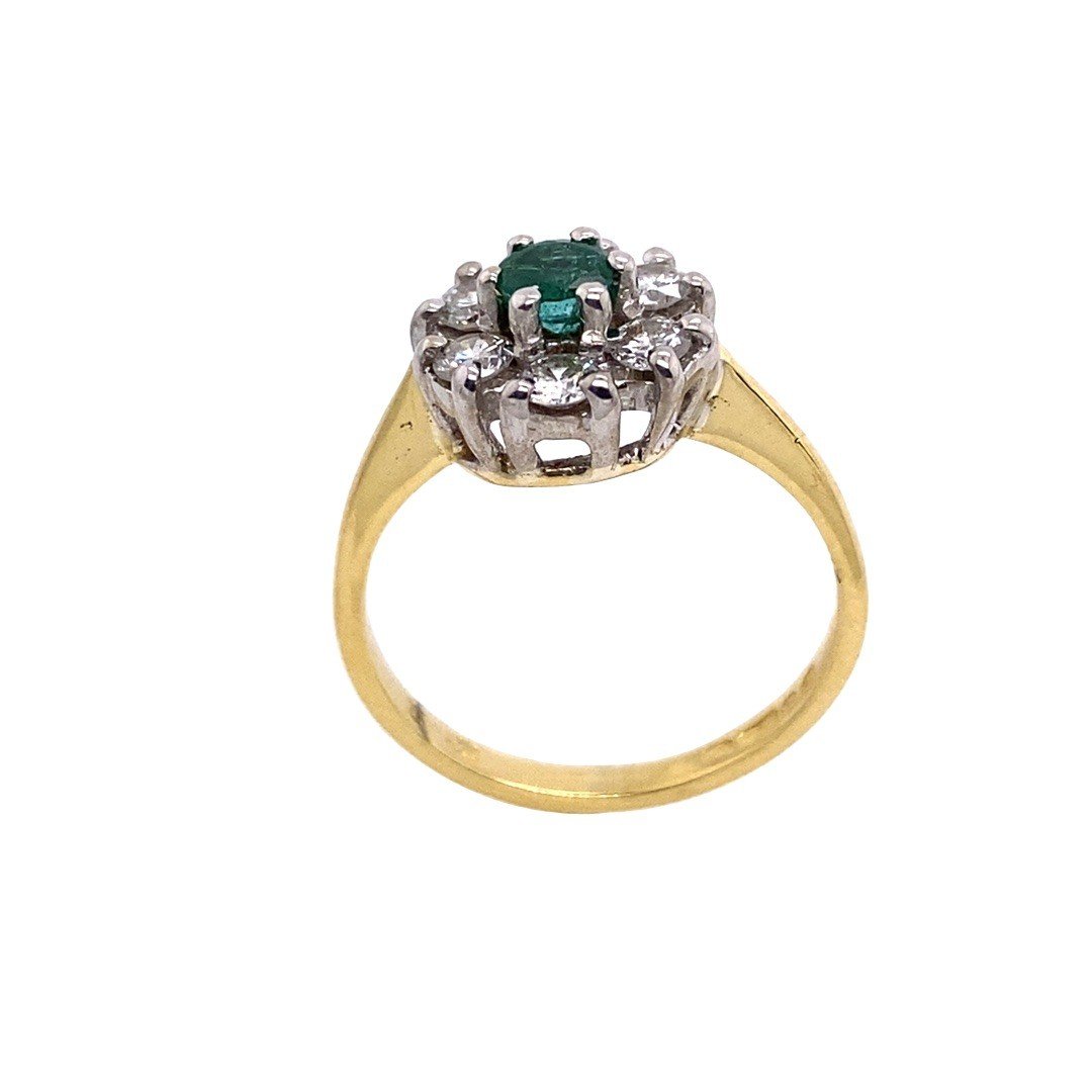 18k Yellow And White Gold Emerald + Diamond Ring, Set With 0.30 Ct Diamonds-photo-4