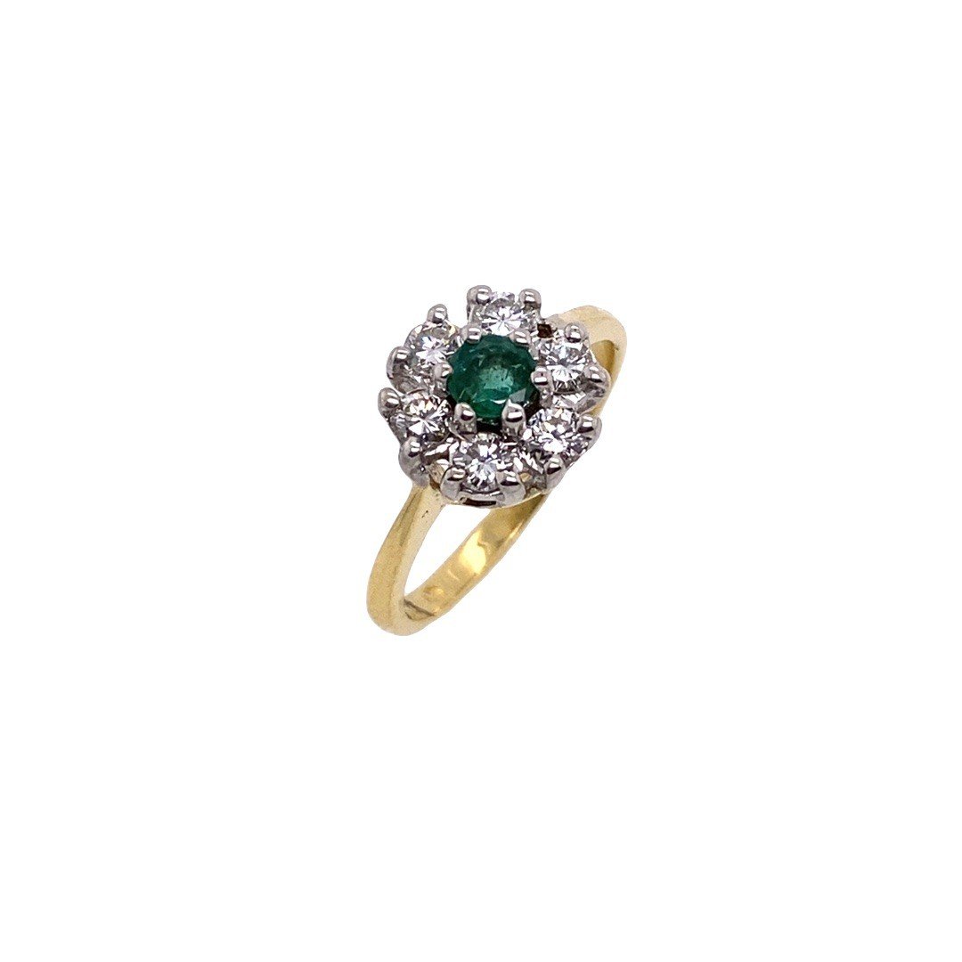 18k Yellow And White Gold Emerald + Diamond Ring, Set With 0.30 Ct Diamonds