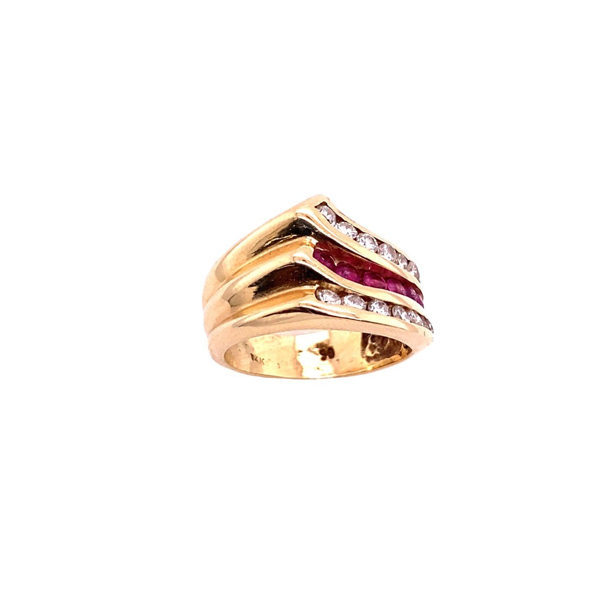 14k Gold Ruby & Diamond 3 Row Channel Set Dress Ring, 0.50ct Diamonds