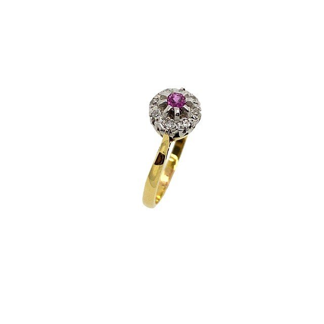 Bague Vintage En Or Blanc Et Jaune 18 Carats 0,10 Ct En Rubis Et 0,06 Ct En Diamant-photo-2