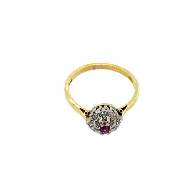 Bague Vintage En Or Blanc Et Jaune 18 Carats 0,10 Ct En Rubis Et 0,06 Ct En Diamant-photo-2