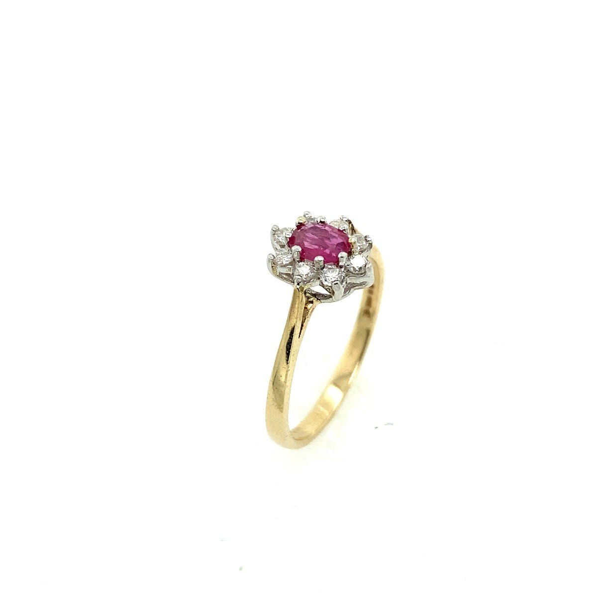 9 Carat Yellow Gold Ring With Oval Ruby Surrounded By 8 Round Diamonds-photo-2