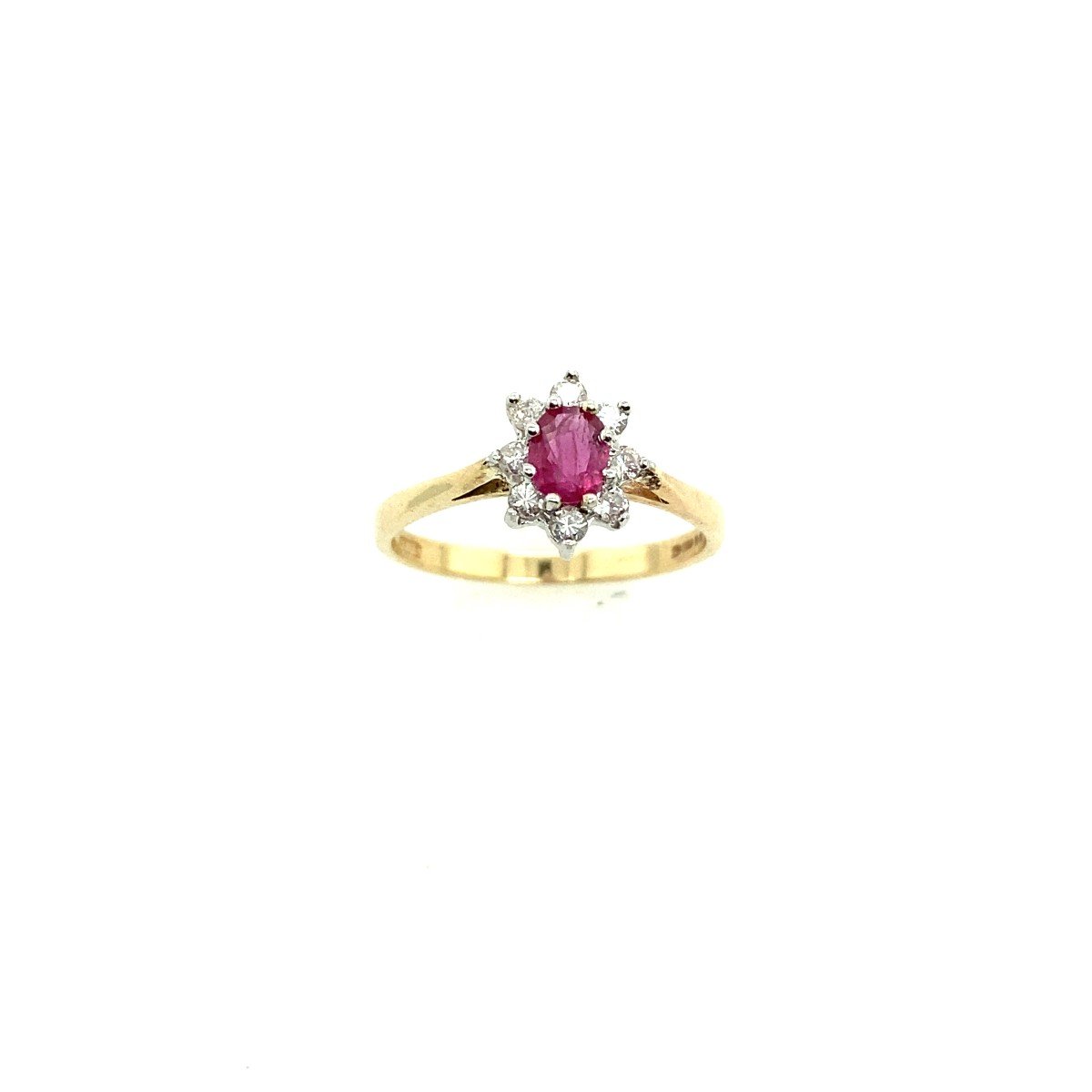 9 Carat Yellow Gold Ring With Oval Ruby Surrounded By 8 Round Diamonds