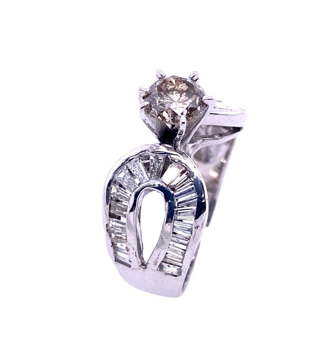 Bague Diamant Champagne Rond En Or Blanc 9 Ct 0,75 Ct Sertie De 1,0 Ct De Baguettes-photo-2