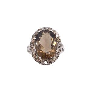 18ct White Gold 7.0ct Oval Smoky Quartz Stone, Surrounded By 30 Diamonds