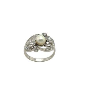 Bague vintage diamant et perle sertie en platine, 0,90 ct de diamants