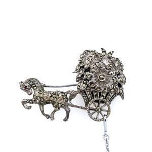 Anker Silver 1950s Monarch Horse And Carriage Brooch/watch With Marcasite