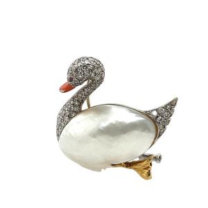 Vintage Swan Blister Pearl Brooch Set With Diamonds And Coral Enamel