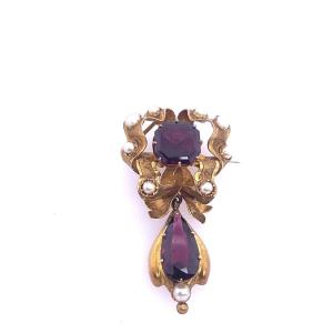 Broche Victorienne à Nœud En Grenat Taille émeraude, Sertie En Or 9 Carats