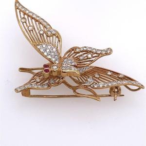 Ruby And Diamond Butterfly Brooch In 18k Yellow Gold, 0.60 Carat Diamonds And 2 Rubies