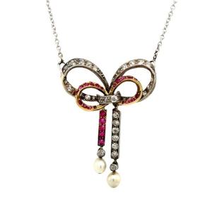 Vintage Diamond And Ruby Pendant Hanging On 18″/16″ 14k Gold Chain