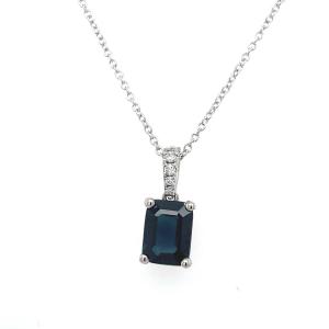 1.86 Ct Emerald Cut Natural Sapphire Pendant In 18k White Gold, With 0.06 Ct Diam