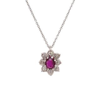 Ruby And Diamond Cluster Pendant Set In 18k White Gold