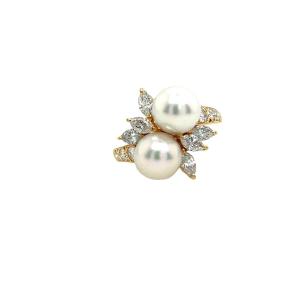 Bague Mikimoto 2 Perles Et Diamants Sertie d'Or Jaune 18 Carats