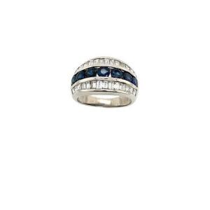 Bague Turban En Or Blanc 18 Carats, Saphir Rond Et Diamant Baguette, Diamants De 1,0 Ct