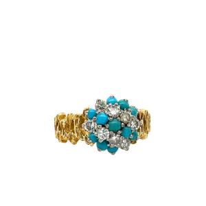 Bague Vintage En Turquoise Et Diamants, Sertie D’or Jaune Et Blanc 18 Carats