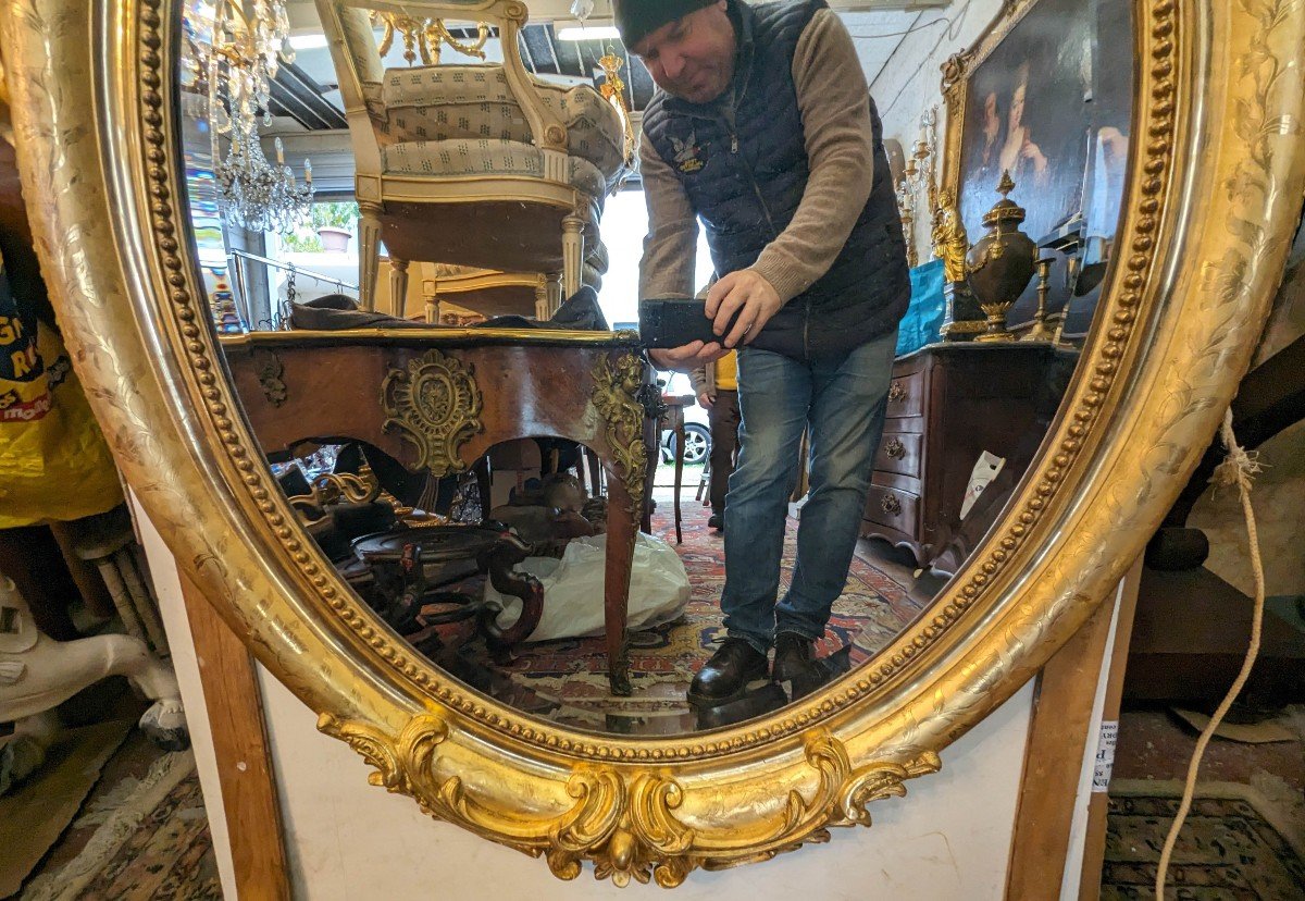 Miroir Ovale En Bois Doré Style Louis XVI-photo-2