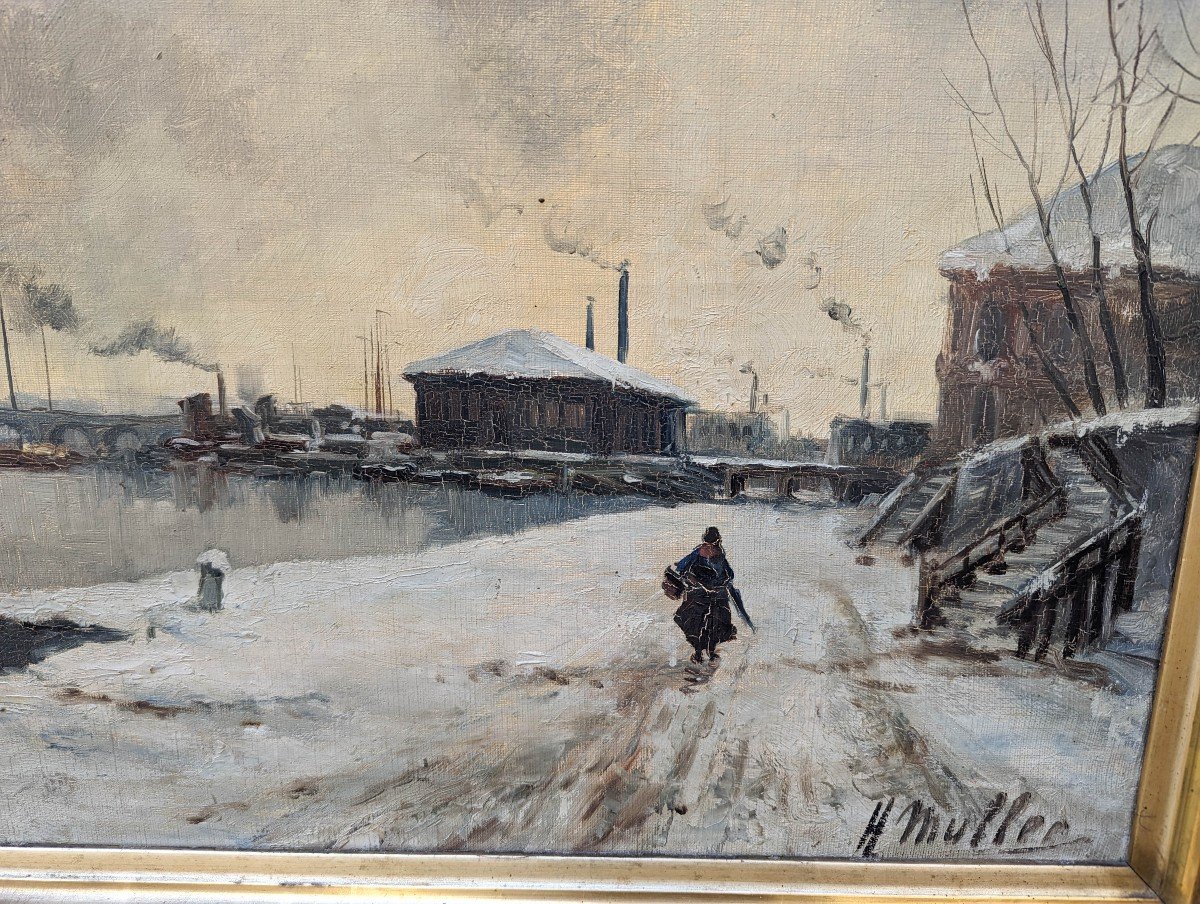 Pont De Tolbiac Sous La Neige, Huile Sur Toile Signé H Muller Circa 1889-photo-3