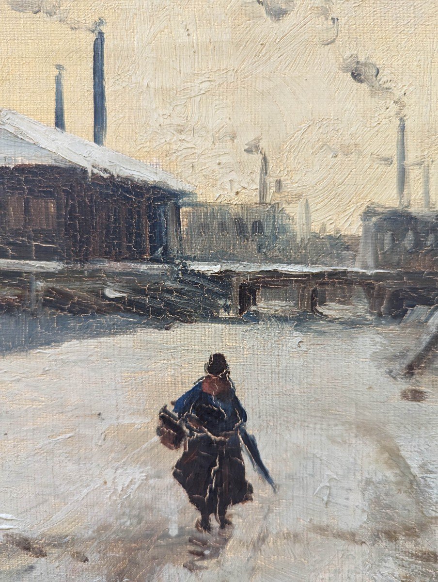 Pont De Tolbiac Sous La Neige, Huile Sur Toile Signé H Muller Circa 1889-photo-4