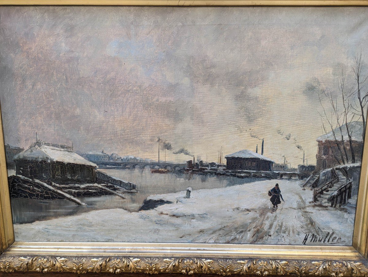 Pont De Tolbiac Sous La Neige, Huile Sur Toile Signé H Muller Circa 1889-photo-1