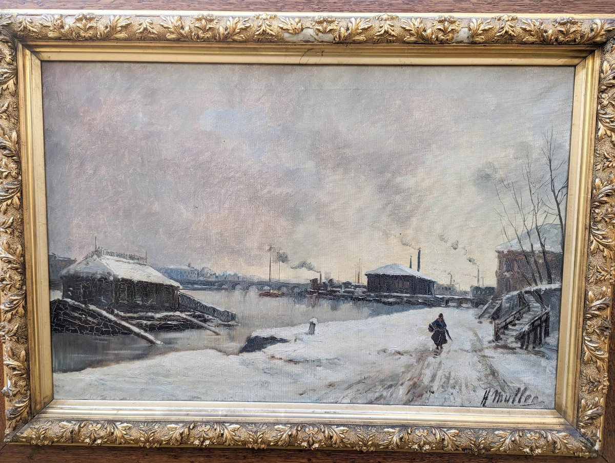 Pont De Tolbiac Sous La Neige, Huile Sur Toile Signé H Muller Circa 1889-photo-2