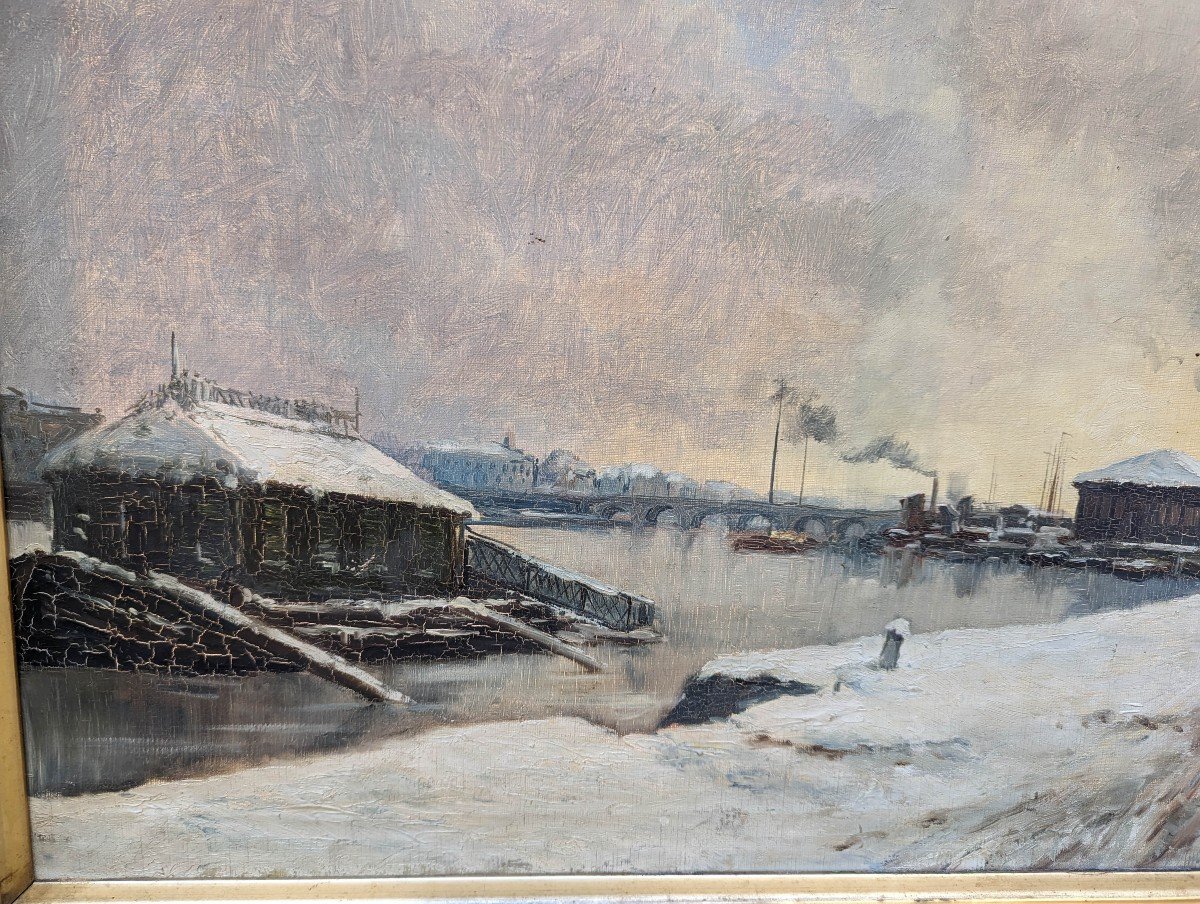 Pont De Tolbiac Sous La Neige, Huile Sur Toile Signé H Muller Circa 1889-photo-5