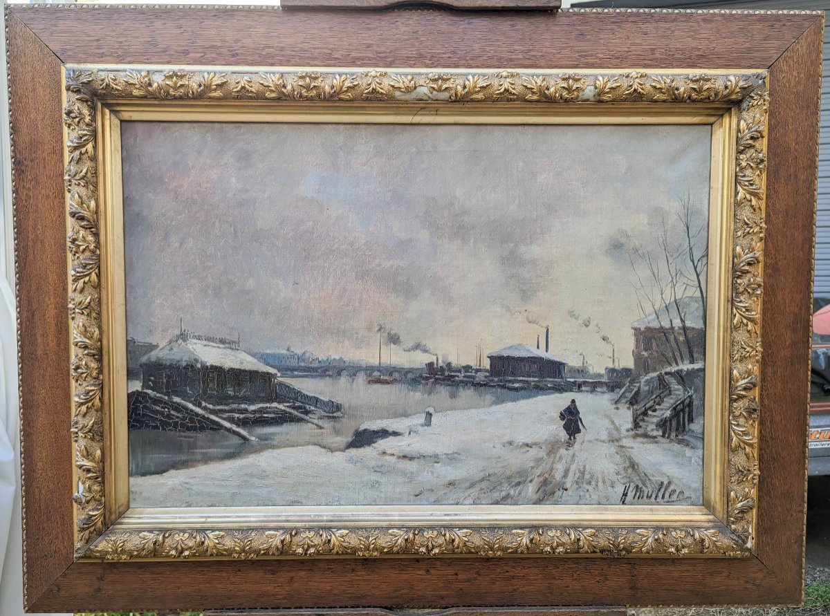 Tolbiac Bridge Under The Snow, Oil On Canvas Signed H Muller Circa 1889